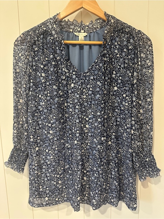 Cato Tops - Cato Women’s Blue Floral Blouse Size Small Ruffle Collar Lined Long Sleeve Top